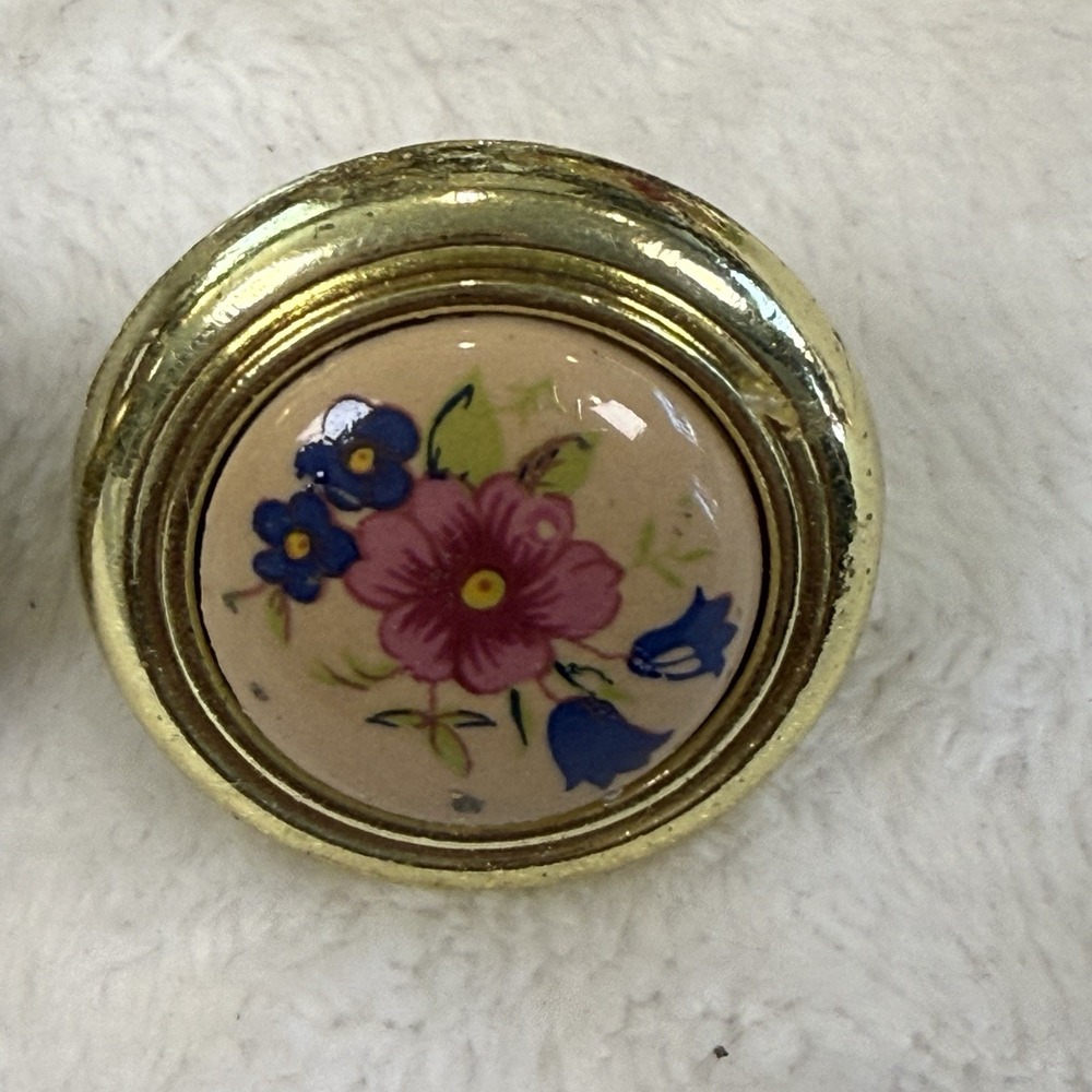 Vintage Floral Porcelain Cabinet Knobs Drawer Pulls 13pc Brass Tone Hardware Lot